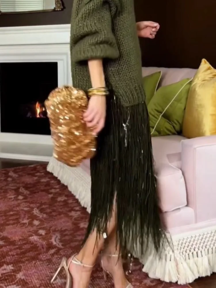 Green Sequin Midi Skirt Women Fashion Shiny Solid High Waist Bodycon Medium Length Skirts Lady 2025 Christmas Evening Party Gown