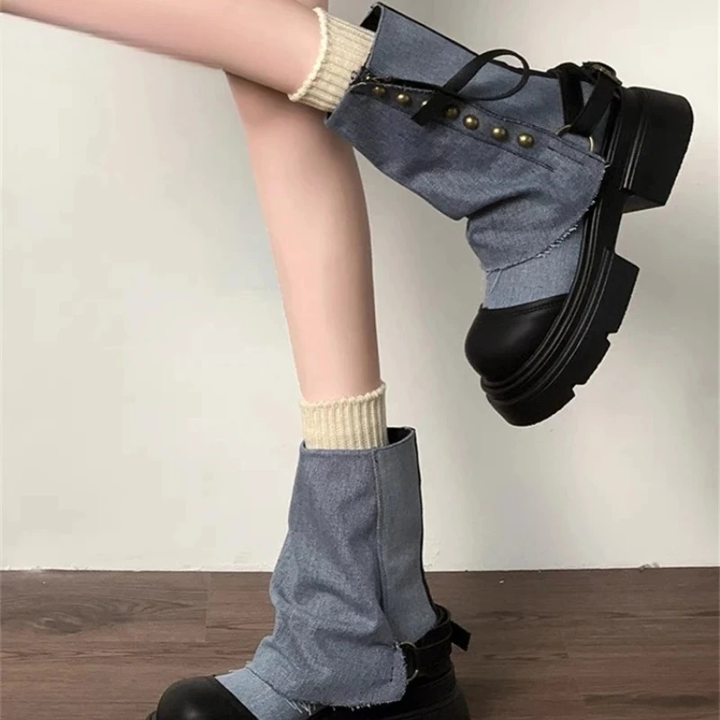 Women Ankle Boots Fashion Button Combination Splicing Short Botas Winter Punk Style Platform Heels Para Mujer