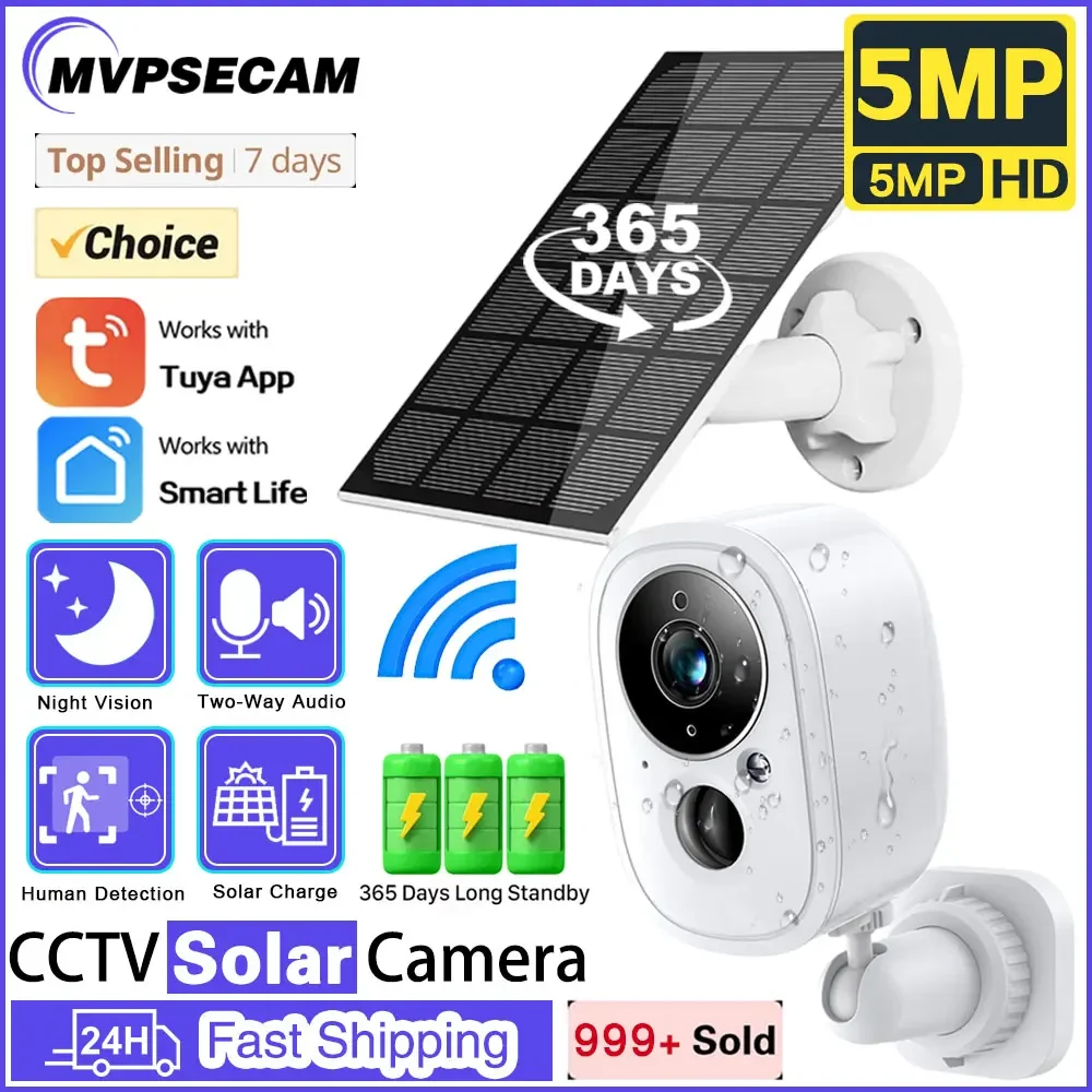 

5MP Tuya Smart Wireless WiFi Outdoor Solar Battery Powered PIR Motion Detection Alert Two-Way Audio Site Patrol CCTV IP Camera