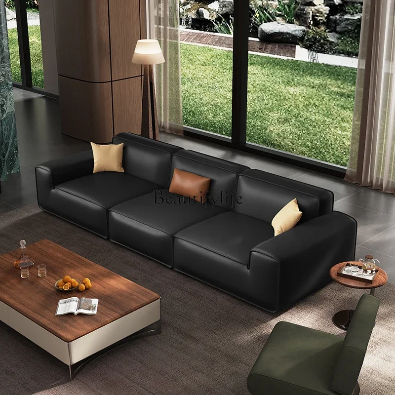 

1LItalian minimalist black cow leather sofa living room straight row down sofa