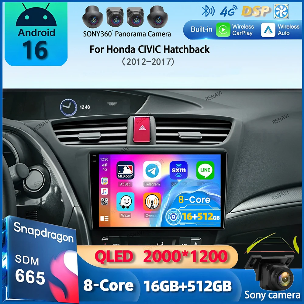 Android 16 Carplay Car Radio For Honda CIVIC Hatchback 2012 2013 2014 2015 2016 2017 Multimedia Player Navigation GPS Stereo