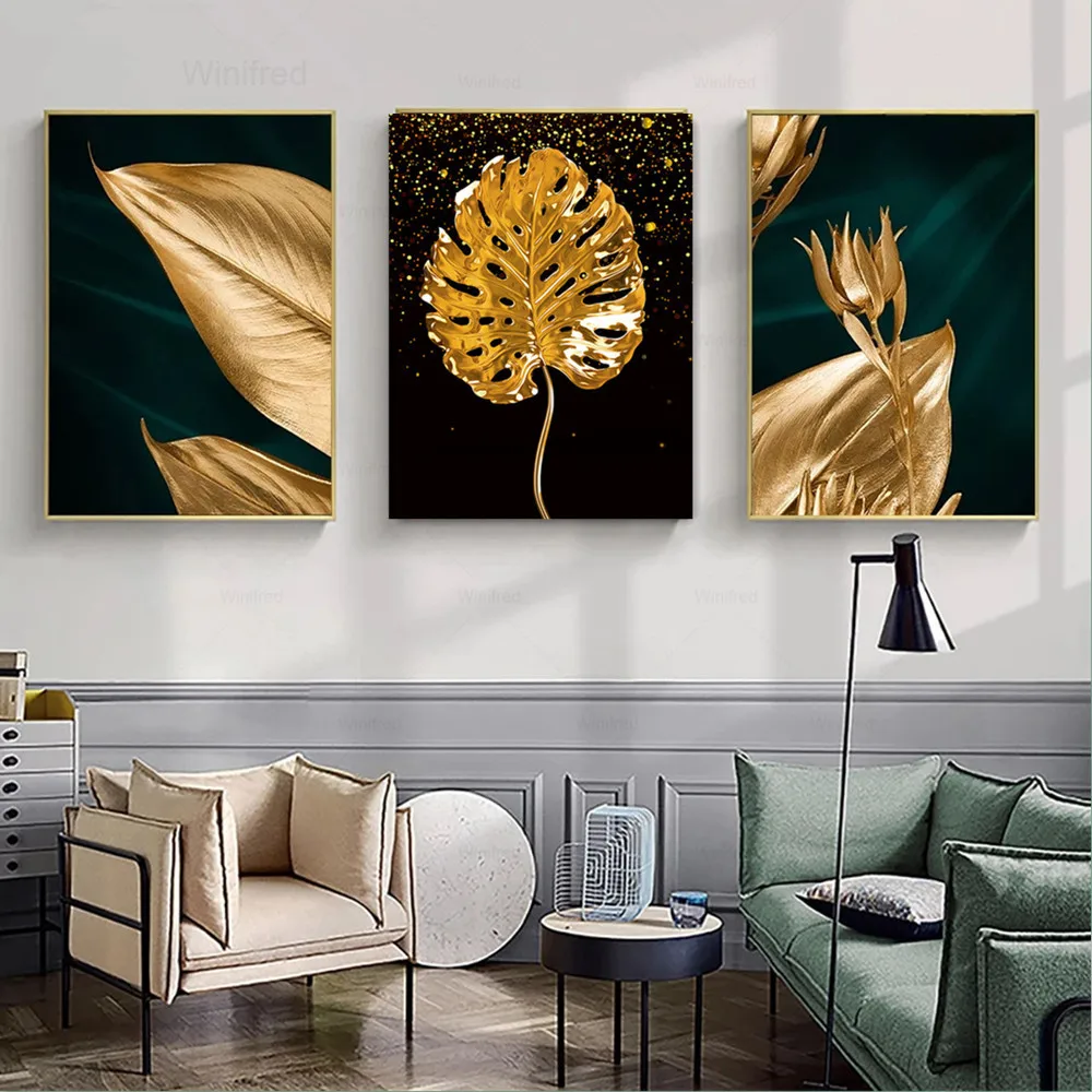 

Gold Leaves Plants Wall Art Canvas Paintings Prints Modern Aesthetic Abstract Poster Pictures for Living Room Decoration