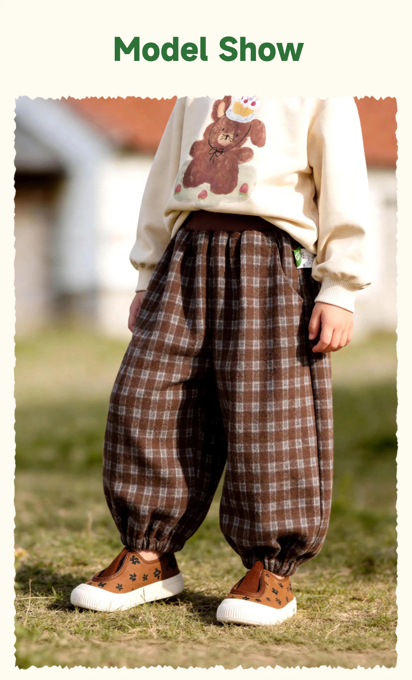 Amila 2026 Herbst Neue Kinder-Freizeithose Vintage Kariert Wolle-Optik Häschen-Applikation Laternenhose Modisch Bequem Tägliche Lange Hose – Detail 7