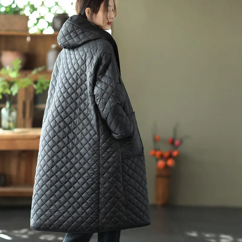 Padded Velvet Thickened Diamond Lattice Quilted Jacket Hooded Large Size Women\'s Mid-Length Winter Coat Loose Warm Casaco T676