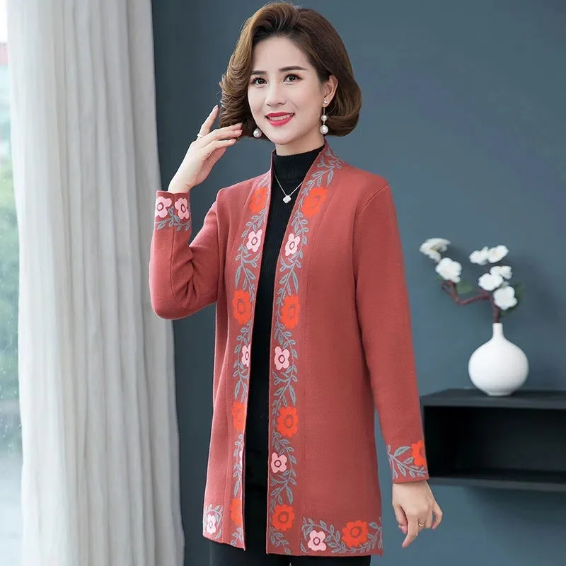 High Quality Cardigan Female Knitted Sweater Mother\'s Spring Autumn Coat Mid-Length Middle-Aged And Elderly Women\'s Sweater Shaw