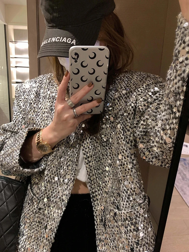 Fashion Sequins Tweed Jackets Women Spring Korean Elegant Office Lady O Neck Coat Y2K Luxury All Match Long Sleeve Outerwear
