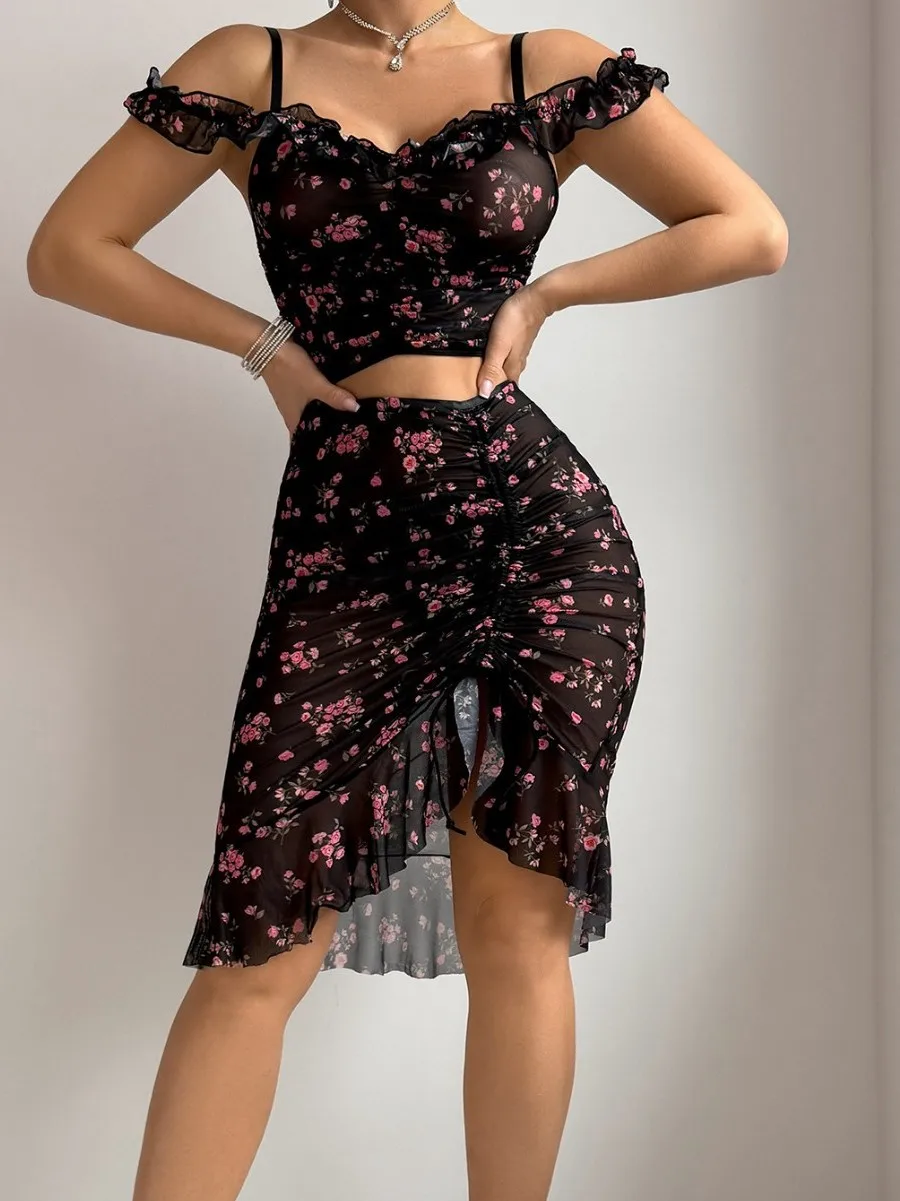 

Retro Floral Print ort Dr Sexy Women's Underwear Long Skirt Transparent Design French Sle Polyester Material Vest Top