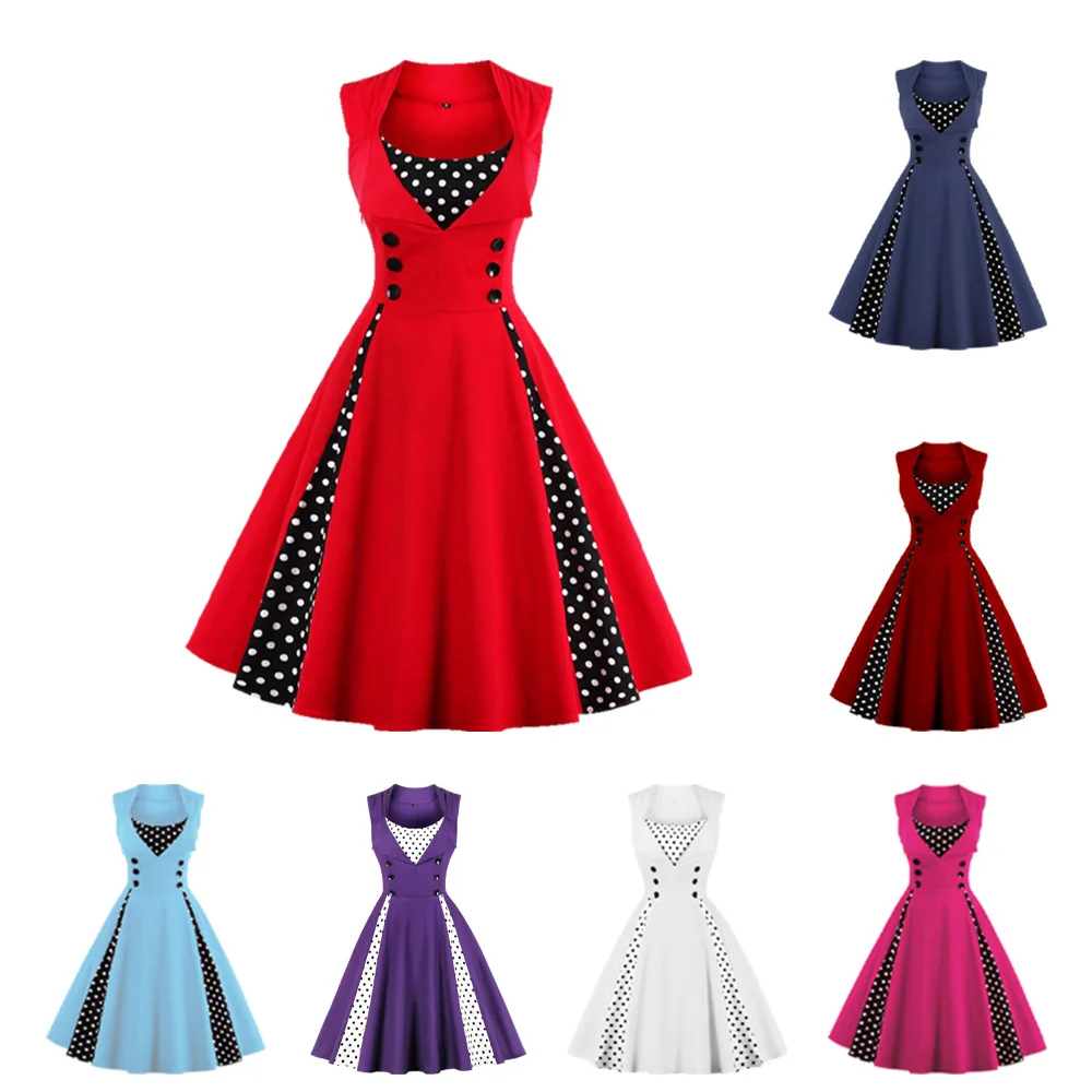 

Women Elegant Retro Dresses Polka Dots Patchwork Button Tunic High Waist 1950s Vintage Rockabilly Cocktail Party Swing Dress