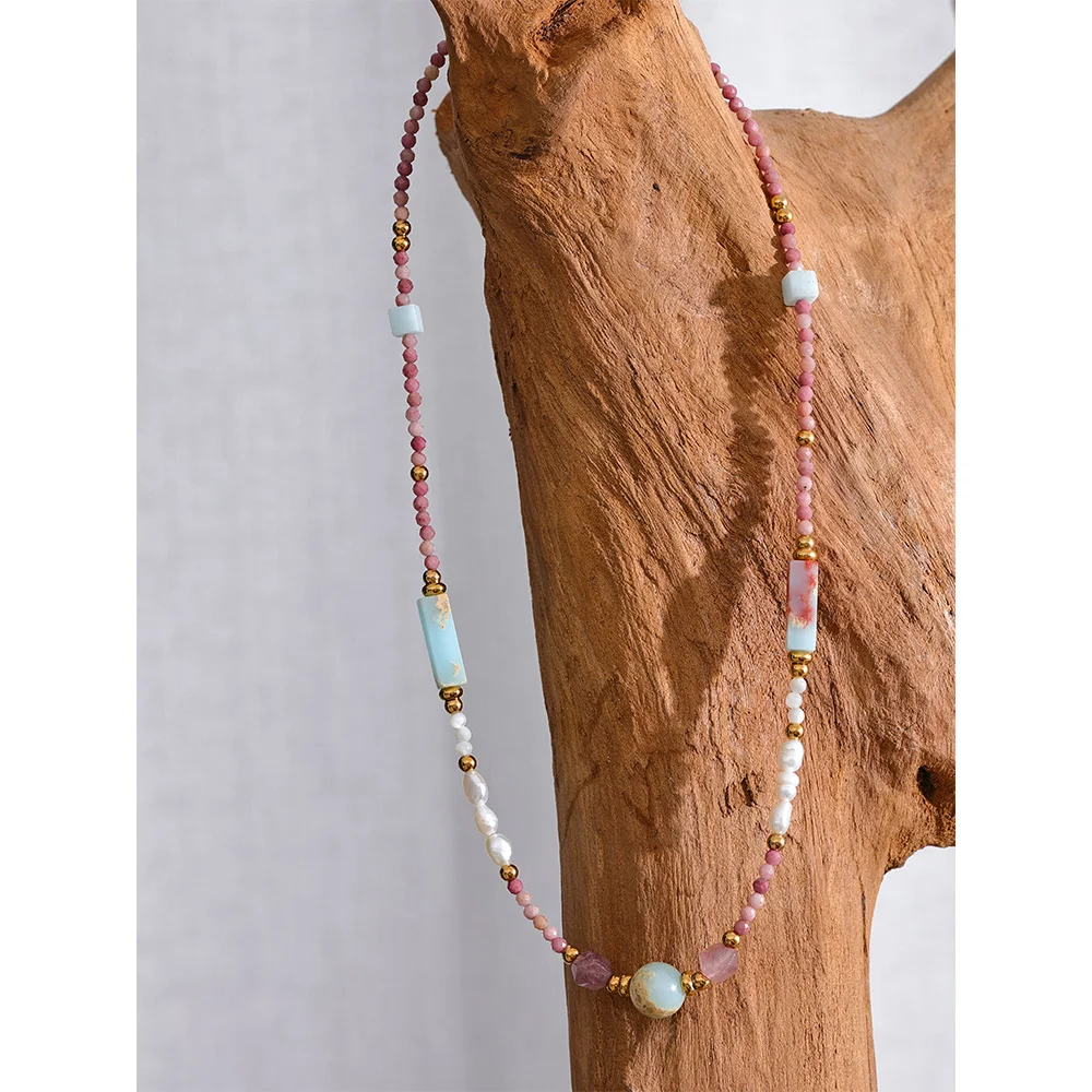 Yhpup Natural Stone Freshwater Pearls Rhodochrosite Beads Chain Trendy Handmade Necklace Golden Summer Stainless Steel Jewelry