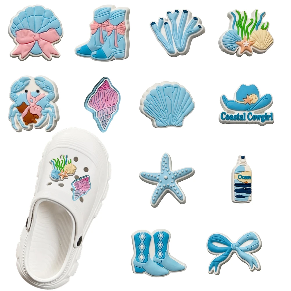 New 1-12Pcs Cartoon Blue Pink Marine Organism Series PVC Shoes Accessories DIY Detachable Waterproof Shoe Decorations Party Gift