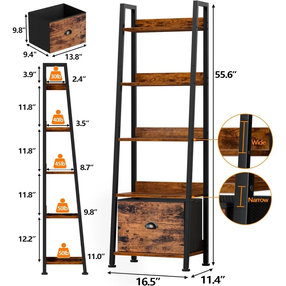 Étagère à échelle à 5 niveaux, bibliothèque à échelle avec tiroir amovible, organisateur de support de rangement de bibliothèque rustique, St autoportant en bois et métal