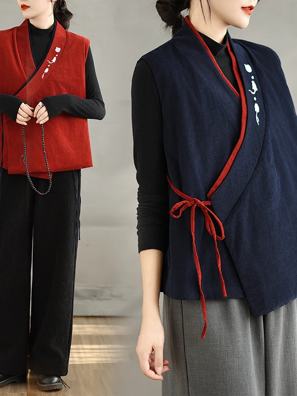 

Корейский и японский стиль: Женский свободный жилет большого размера из бархата с вышивкой, с поясом, для ношения под одеждой, зимний сезон