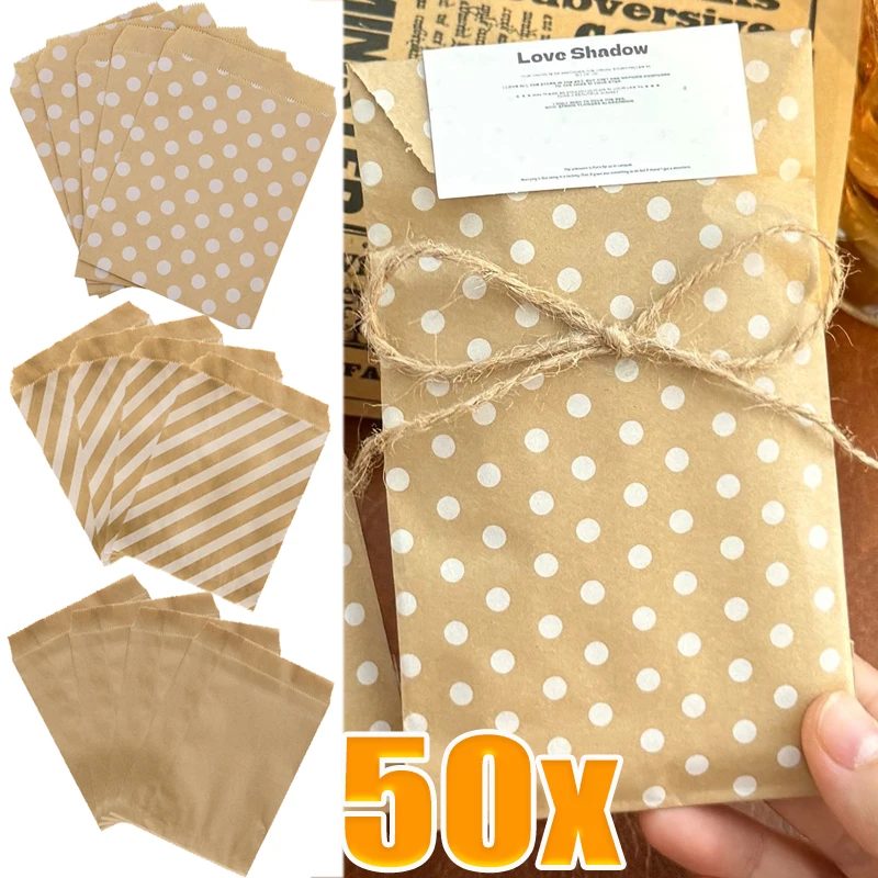 10/50pcs Wave Dot Kraft Paper Candy Biscuit Bags Packing Pouch Popcorn Birthday Gifts Wrapping Supplies Pastry Festive Package