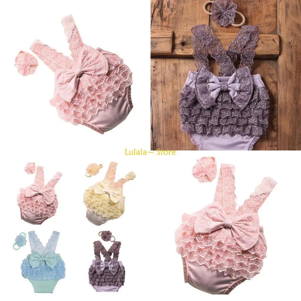 

Y4QA Newborn Photography Lace Romper Flower Headband Photo Props Baby Photo Outfit