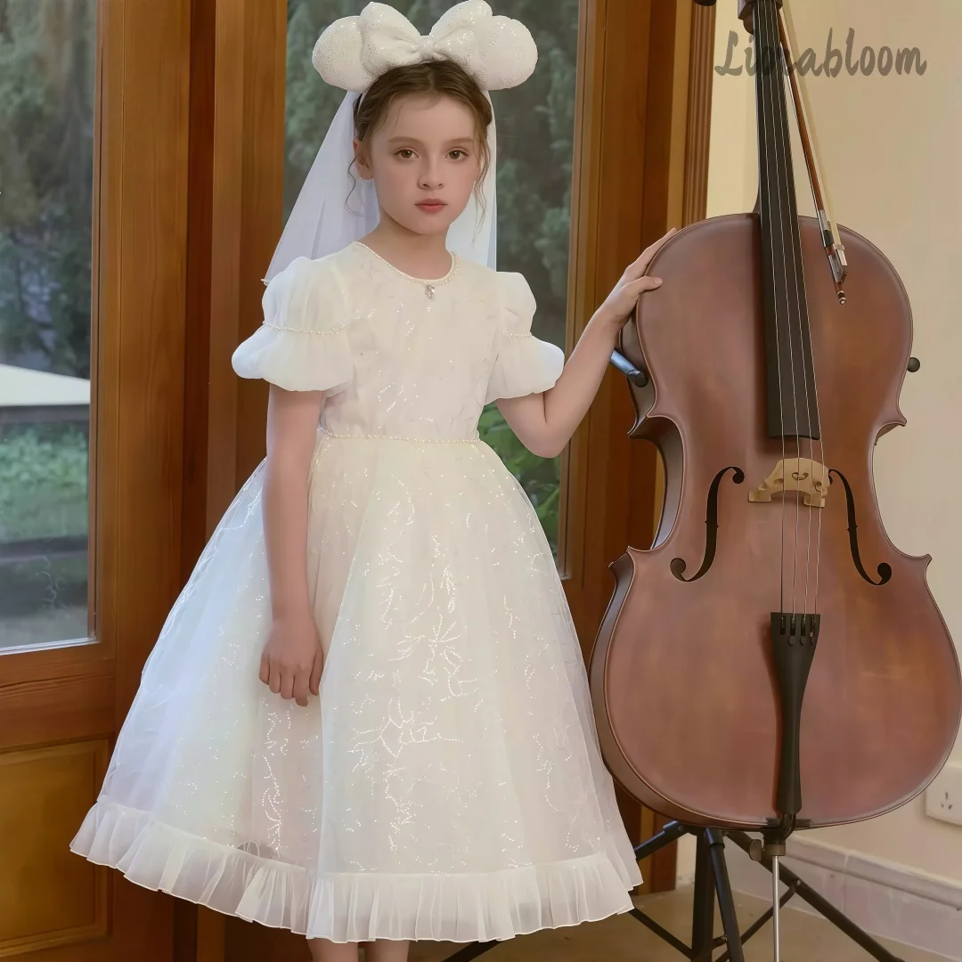 

Girls' White Lace-Sleeve Formal Dress Tulle Flower Girl Gown Sequin Trimmed Fluffy Party Dress Wedding Attire