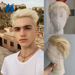 Amethyst Straight Full Lace Wig 613 Blonde Brazilian Remy Hair Pre-Plucked Short Bob Pixie Cut Shaved Boy Style for Men