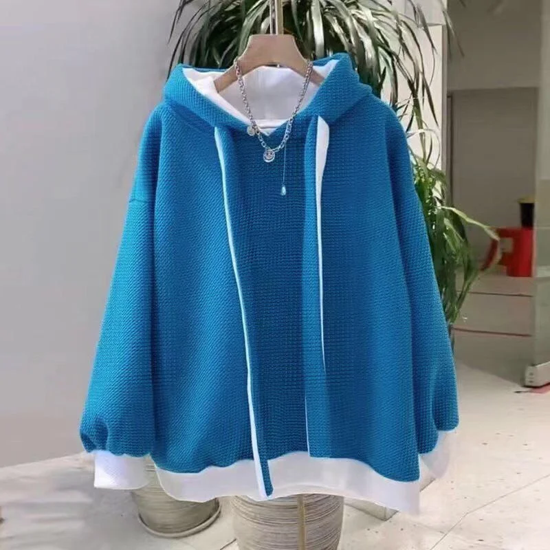 Contrast Hooded Double layered Thickened Sweatshirt  For Women Autumn Winter Loose Fitting Fake Two-piece Top Female Sweatshirts