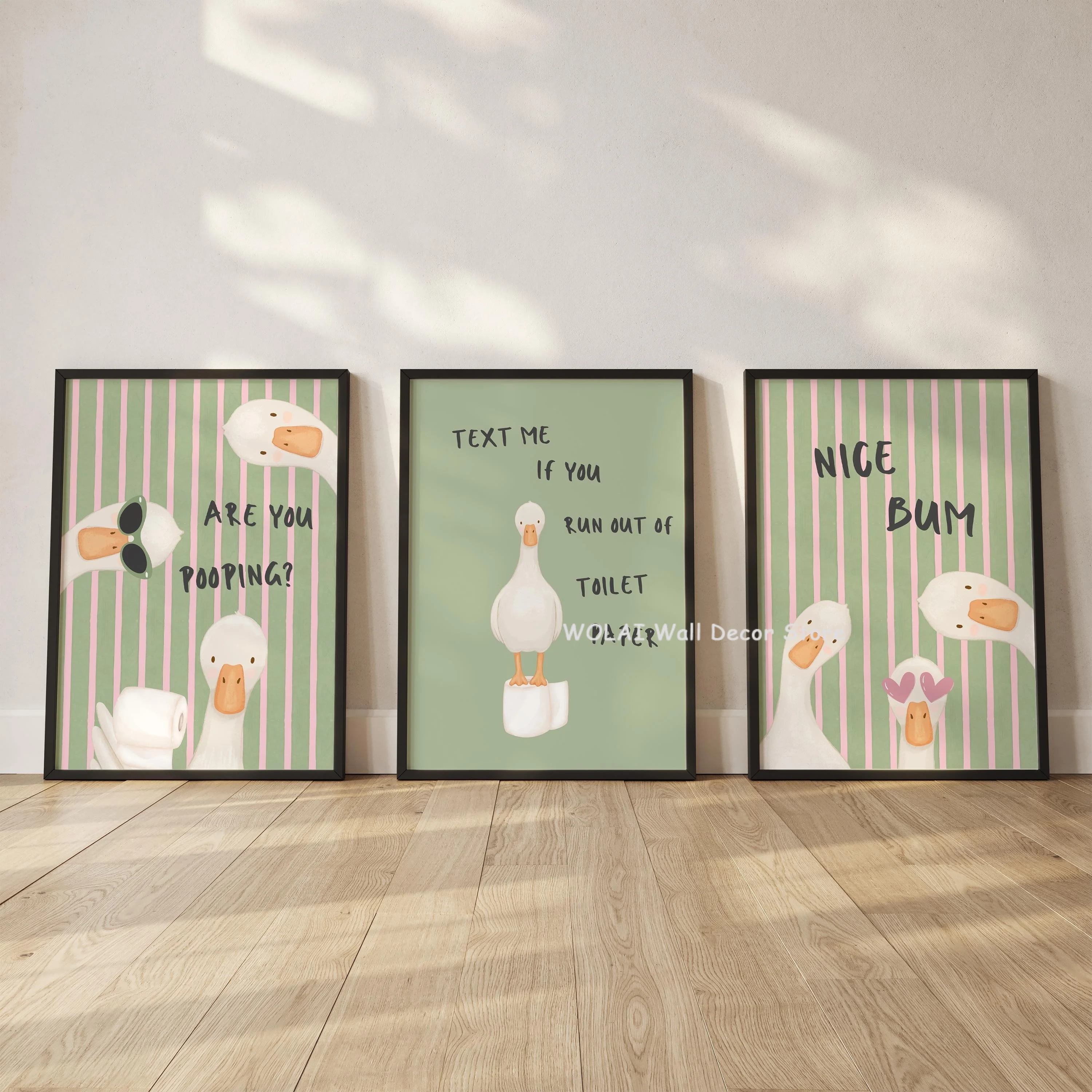 Funny Goose & Black Cat Pooping Bathroom Canvas Print Green Striped Duck Brush Teeth Skateboard  Wall Art Poster for Home Decor