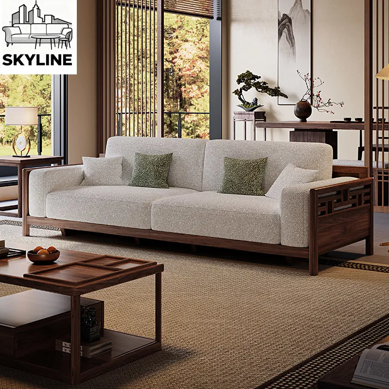 Solid wood sofa combination new Chinese living room black walnut straight sofa