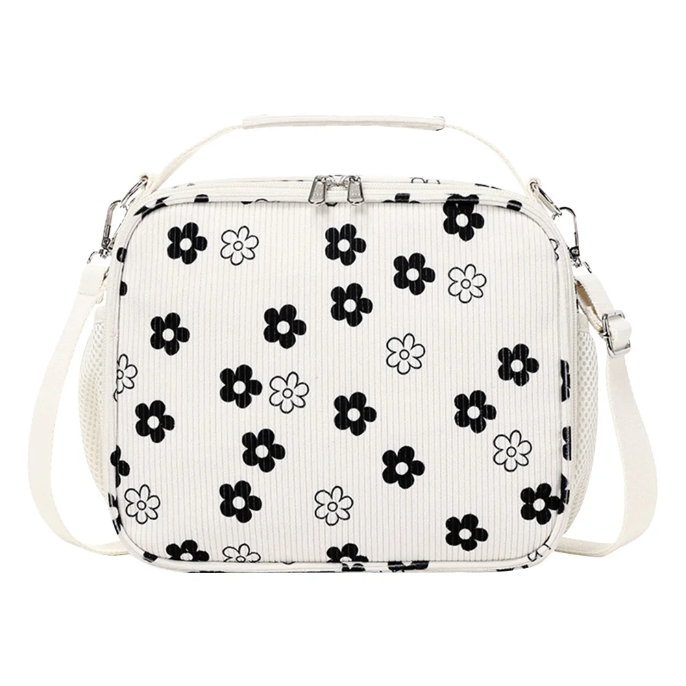 กระเป๋าใส่อาหารกลางวันแบบมีฉนวนผ้าลูกฟูก กระเป๋าใส่อาหารปิกนิกขนาดใหญ่ กระเป๋าใส่อาหารกลางวันพิมพ์ลายดอกไม้สำหรับการเดินทางไปโรงเรียนทำงานปิกนิก