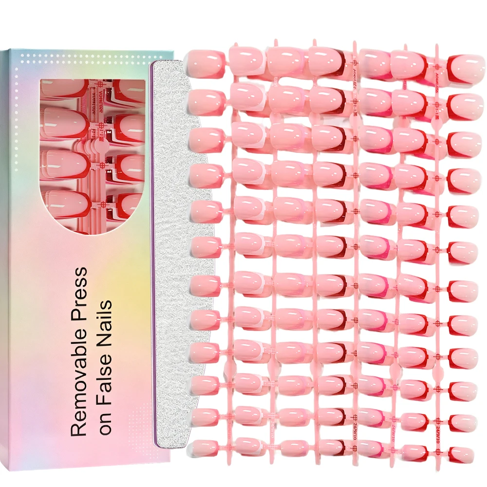 120/144 Stück 6 Farben Französische Quadratische Künstliche Nägel mit Feilwerkzeug Glänzend Rosa Weiß Rot Vollständige Abdeckung Tragbare Aufdrücknägel DIY Künstliche Nägel – Detail 5