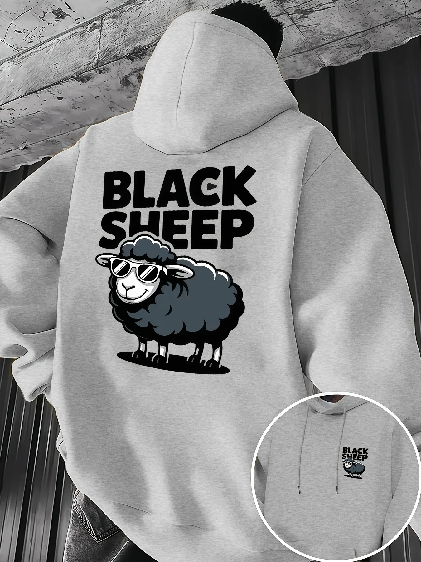 Herren-Hoodie für Herbst und Winter, Black Sheep, Cooles Cartoon-Schaf mit Sonnenbrille, Vorder- und Rückseitendruck, Streetwear-Fleece-Sweatshirt – Detail 4