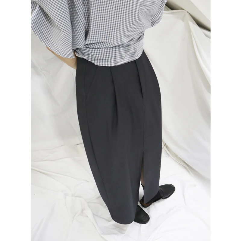 

Smooth Grey Business Suit Fabric Skirt Women's Slim Fit Straight Leg Skirt Elastic Front Split Polyester Viscose Blend