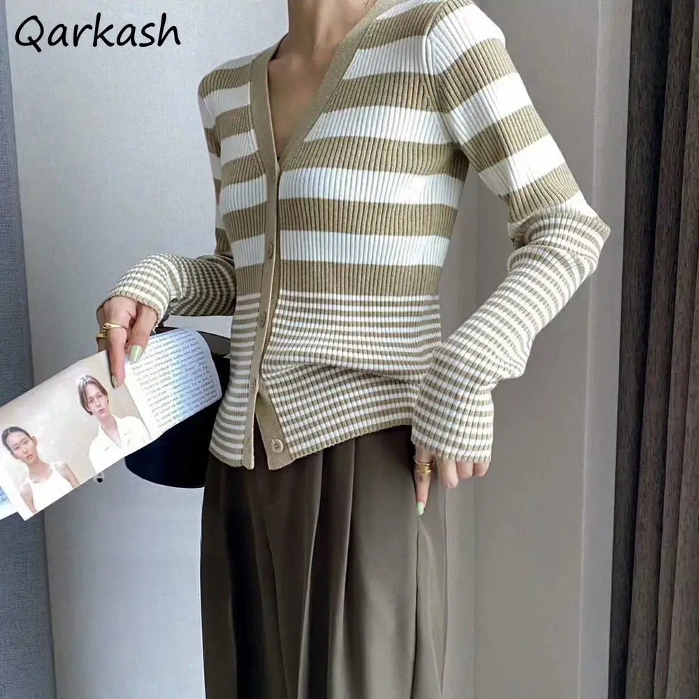 

Striped Cardigan Women Slim Spring Vintage Simple Japan Style Female V-neck Leisure Cozy Chic 4 Colors Femme Ins Knitwear New