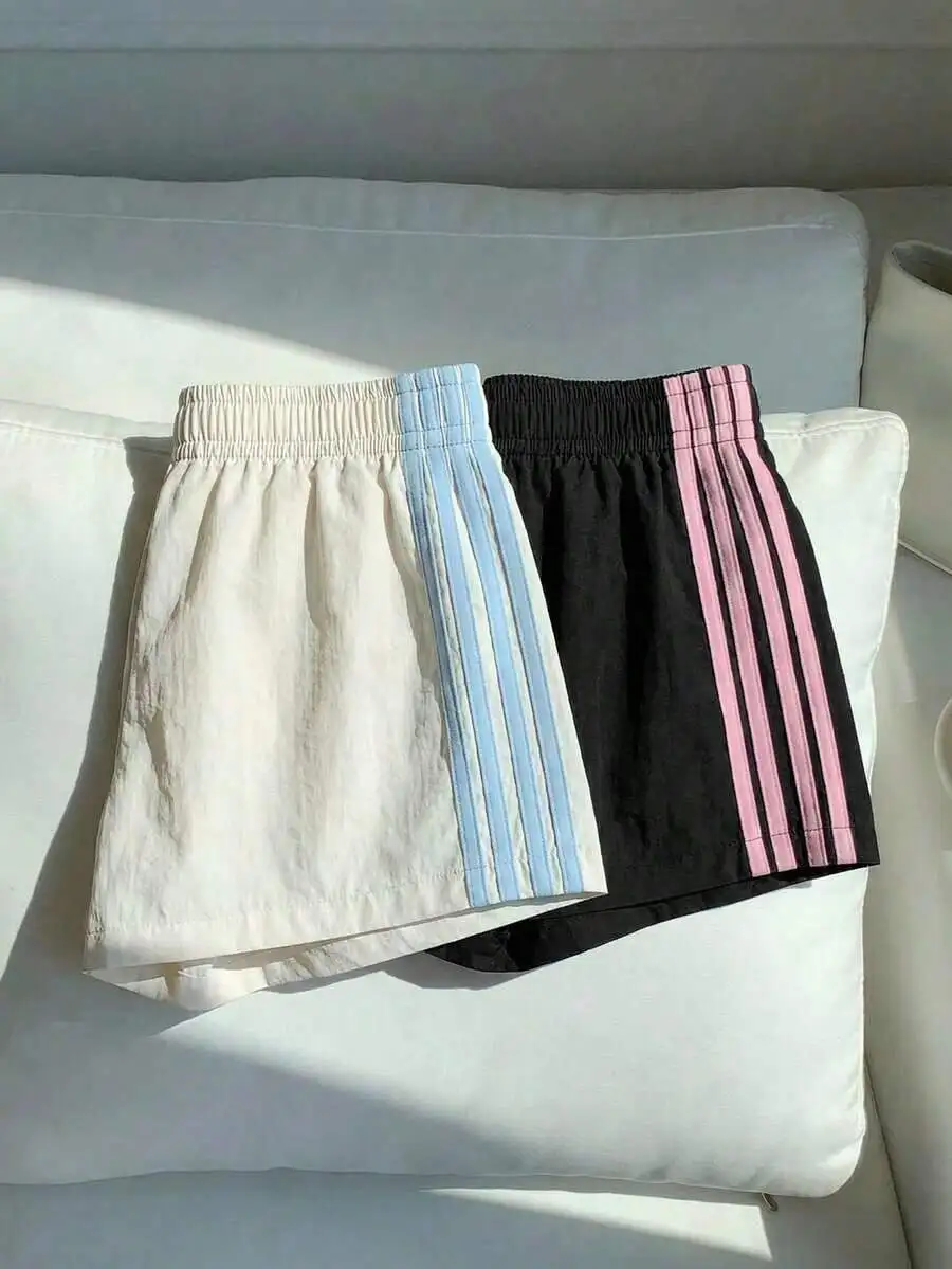 

2pcs Women Elastic Waist Side Striped Loose Casual Sports Shorts