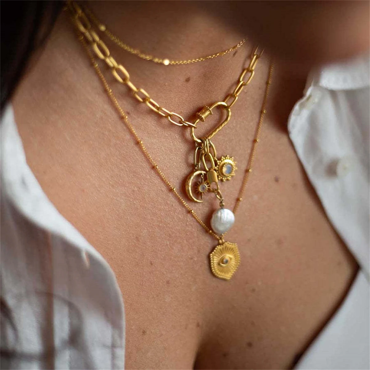 

Stainless steel sun and moon inlaid zirconia DIY small pendant necklace bracelet electroplated 18K gold color preservation