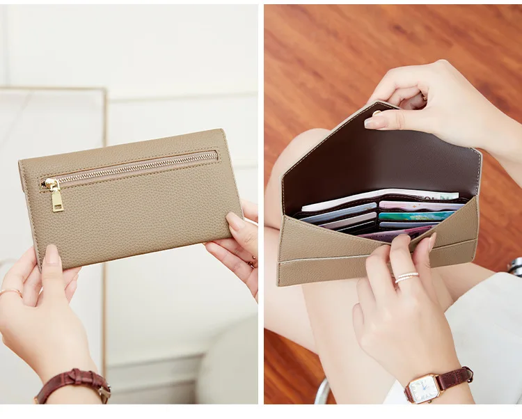 

RFID anti-theft swiping ladies' wallet with lychee pattern flap and buckle, long envelope, ultra-thin and simple clutch