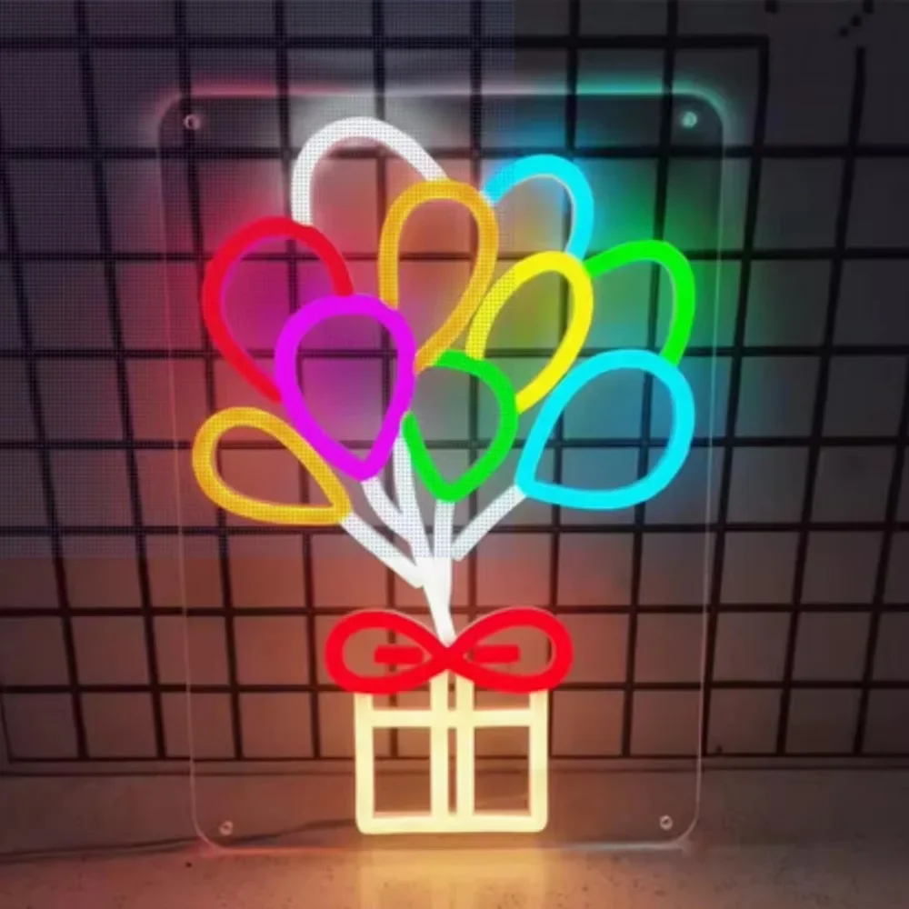 Heart Balloon Bouquet Neon Sign LED Wall Art USB Powered  Gift Box Theme Decor Birthday Wedding Party Bedroom Living Room Light