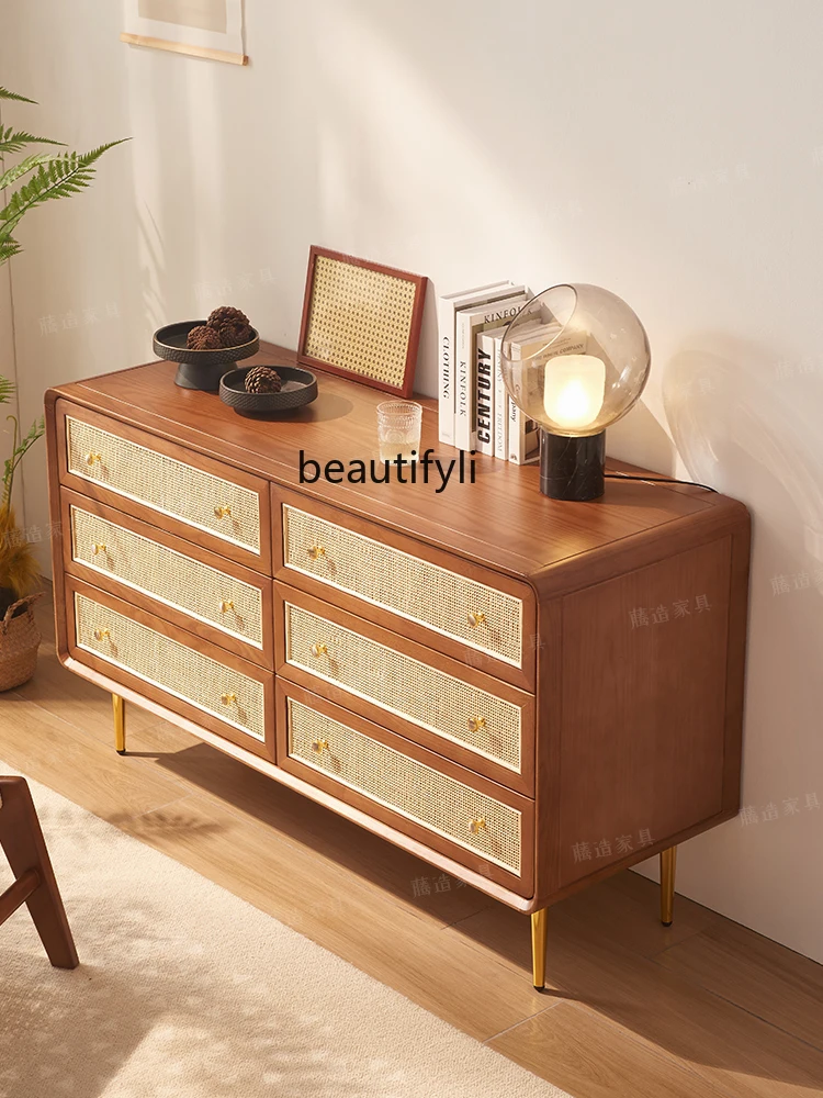 Nordic Solid Wood Rattan Three-Bucket Cabinet Locker B & B Cabinet Drawer Storage Cabinet Household Six Buckets