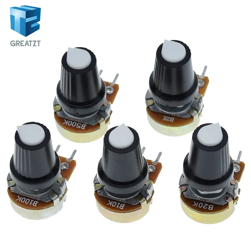 

5 Sets WH148 1K 10K 20K 50K 100K 500K Ohm 15mm 3 Pin Linear Taper Rotary Potentiometer Resistor for Arduino with AG2 White Cap