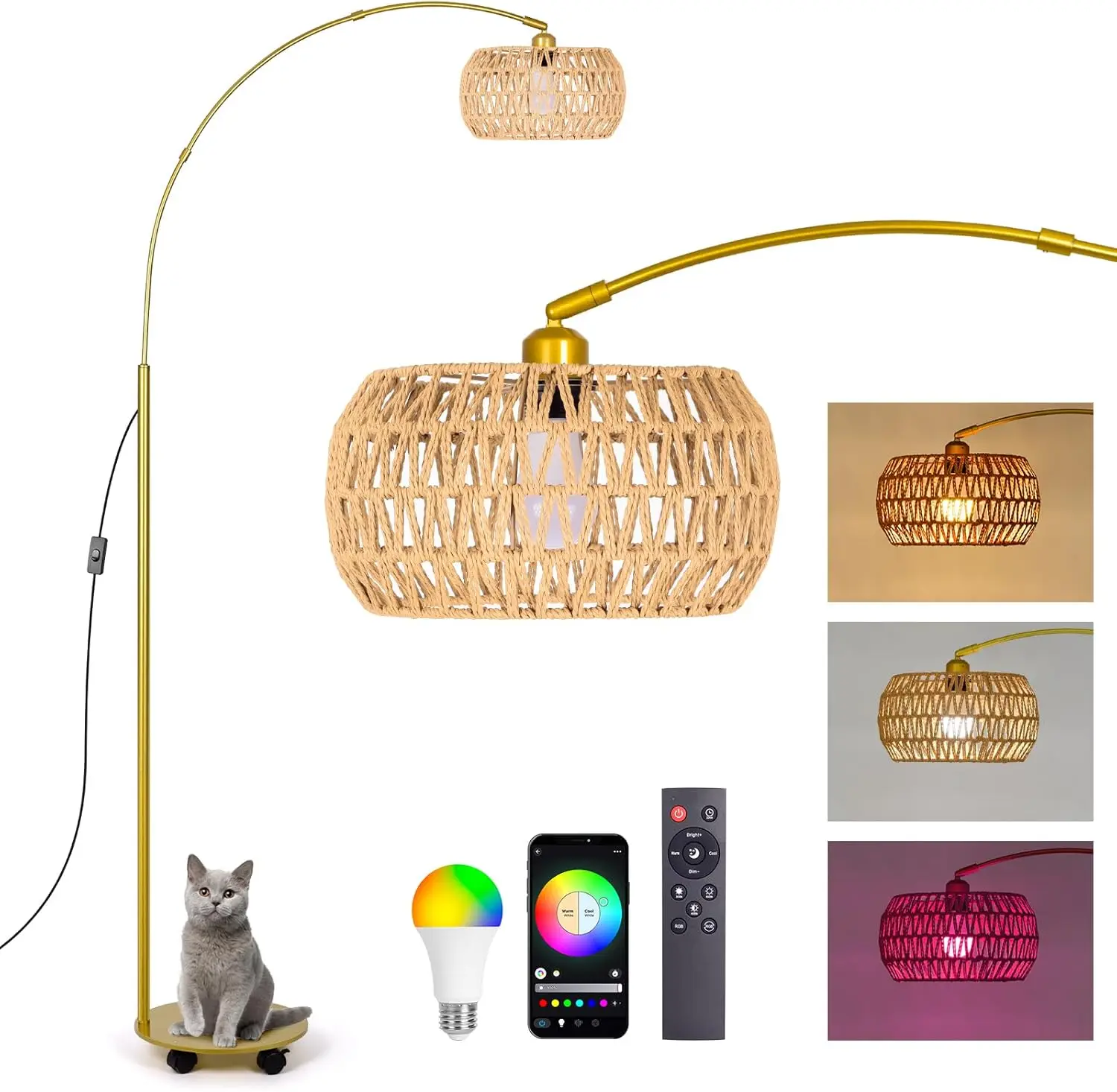 Rgb Arc Floor Lamp With 3 Color Temperatures, Dimmable Rattan Boho Standing Lamp, App And Remote Control, Modern Tall Lamp For