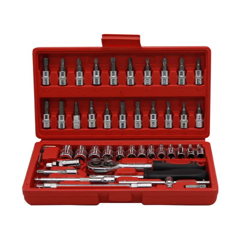 

46 Pcs Socket Tool Set Car Repair Tool Box Holder Ratchet Handle Flexible Extension Bar Spinner Wrench Household Tool Set Vde