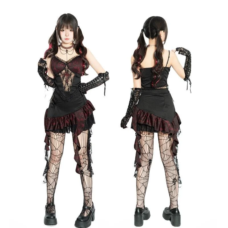 레트로 레이스 뷔스티에 스커트 세트 할로윈 코스튬 빈티지 슬레 코트 테마 디바 드 여성 민족풍 패션 무대 의상