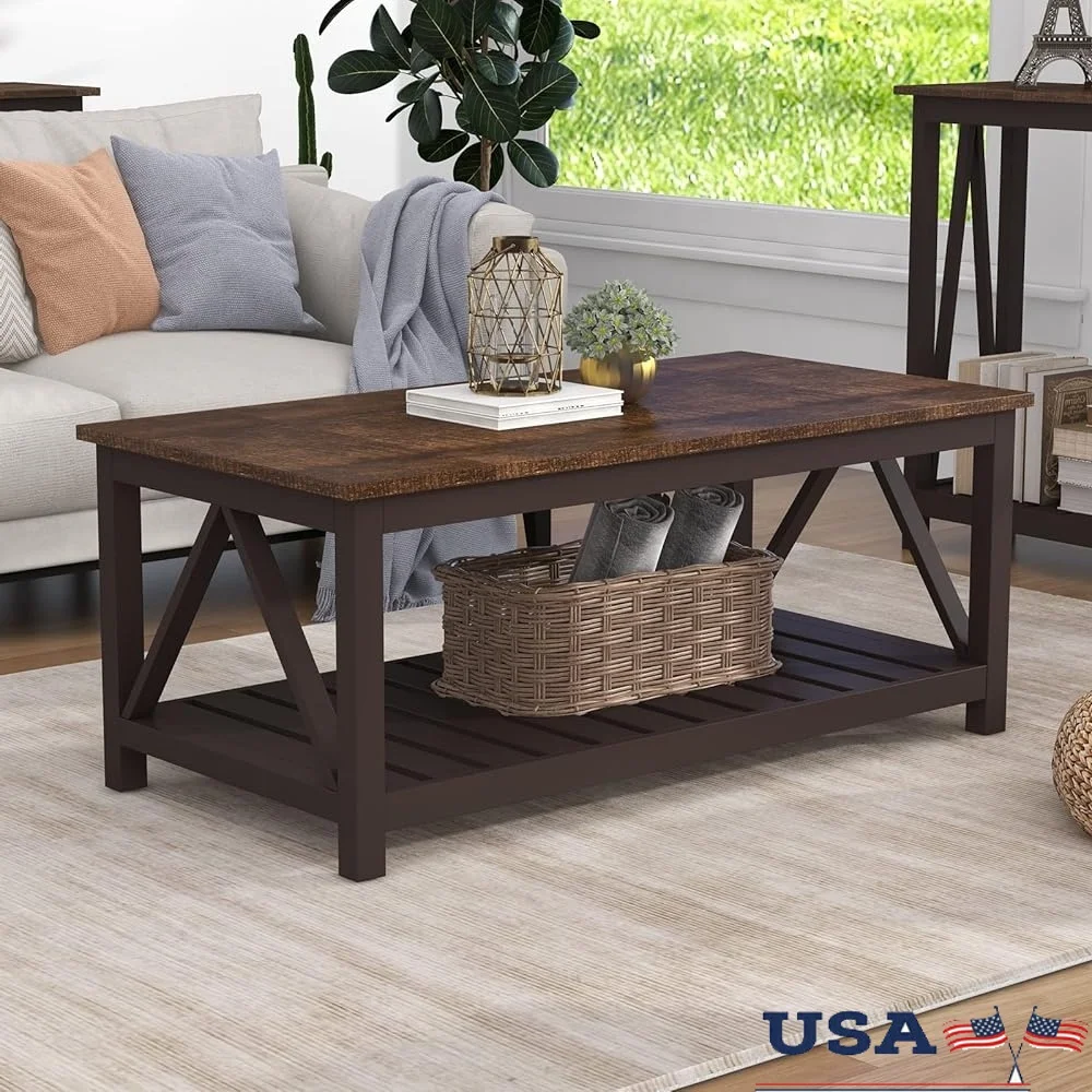 Farmhouse Coffee Table Rustic Vintage A-Frame Living Room Table with Shelf Easy Assembly Sturdy MDF Home Furniture Decor