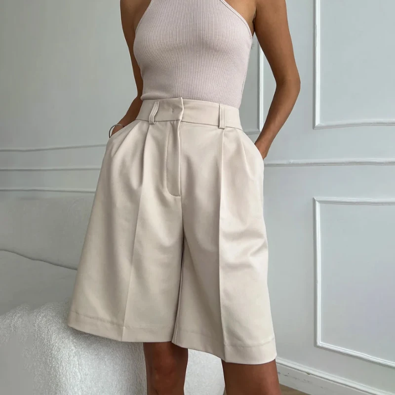 Summer High Waist Pleated Suit Shorts Loose Wide Leg Bermuda Slimming Polyester Casual Office Lady Streetwear Elegant Bottoms