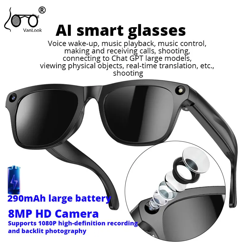 AI Smart Glasses 8MP HD Camera Long Endurance Touch Control Bluetooth Video Recording Outdoor Sports Travel Smart Glasses transl
