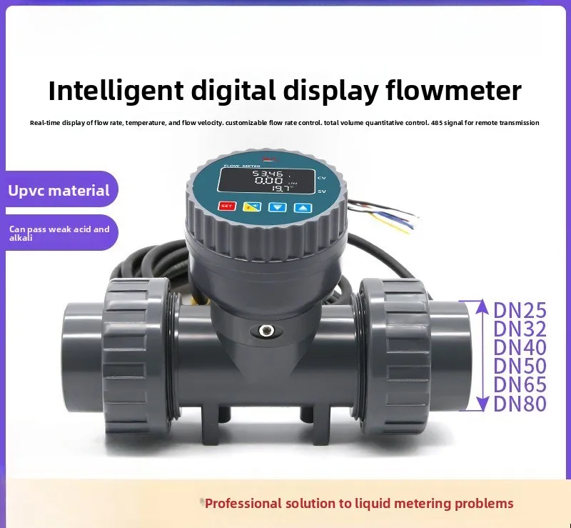 Digital LCD Water Flow Meter, RS485 Transmission Liquid Pipeline Flow Sensor, PVC Acid & Alkali Resistant