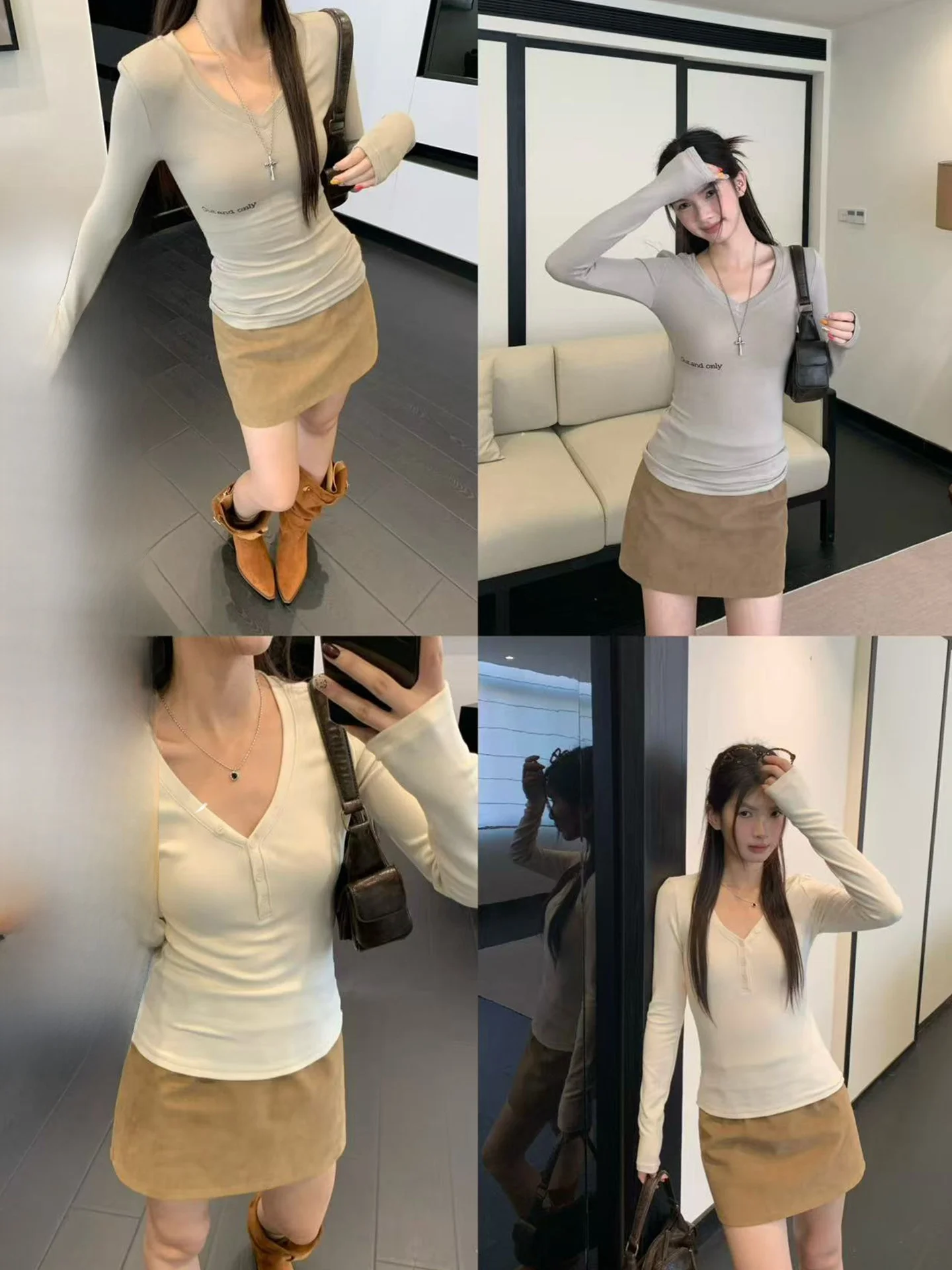 

iny High Waist A-Line Skirt Khaki Color Suede Women's Skirt Slimming Spring Summer Faion Ciwalk ort Skirt