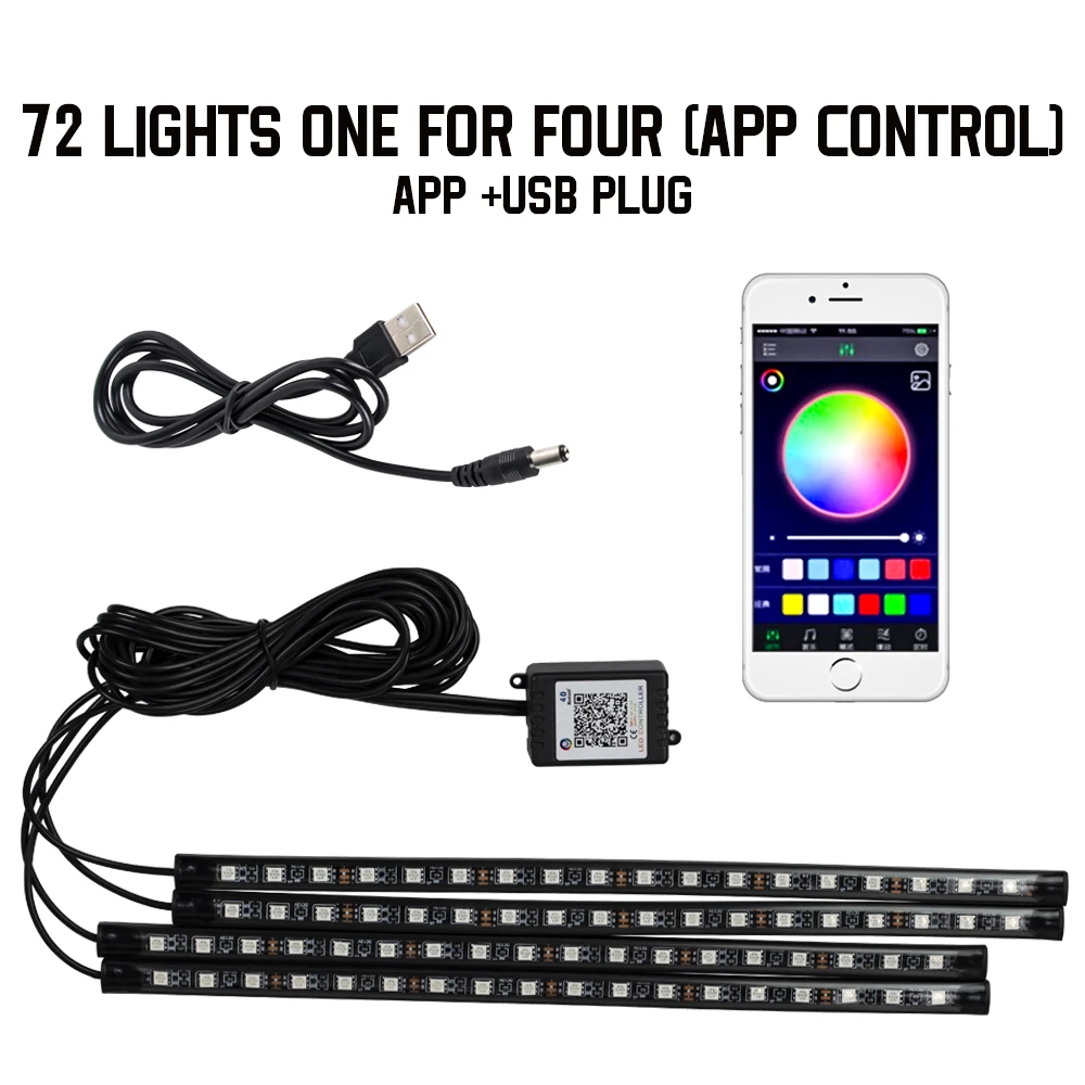 Neon 48 72 LED auto-interieur omgevingsvoetlicht met USB draadloze afstandsbediening muziek app-bediening auto RGB sfeer decoratieve lampen