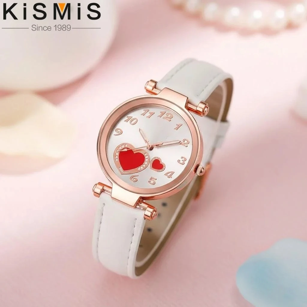 Womens Quartz Watch with Peach Heart Design Frosted Leather Strap Fashion Timepiece for Daily Wear and Gift