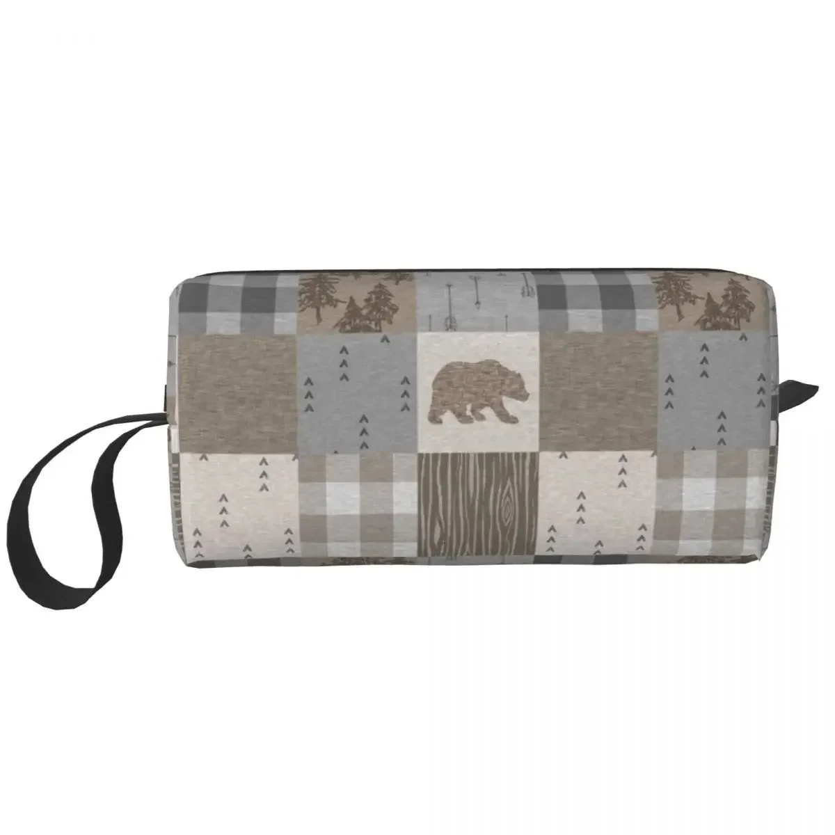 Bear Patchwork Rustic Neutrals Cosmetic Bag for Women Makeup Bags Plaid Travel Waterproof Toiletry Bag Organizer Merch