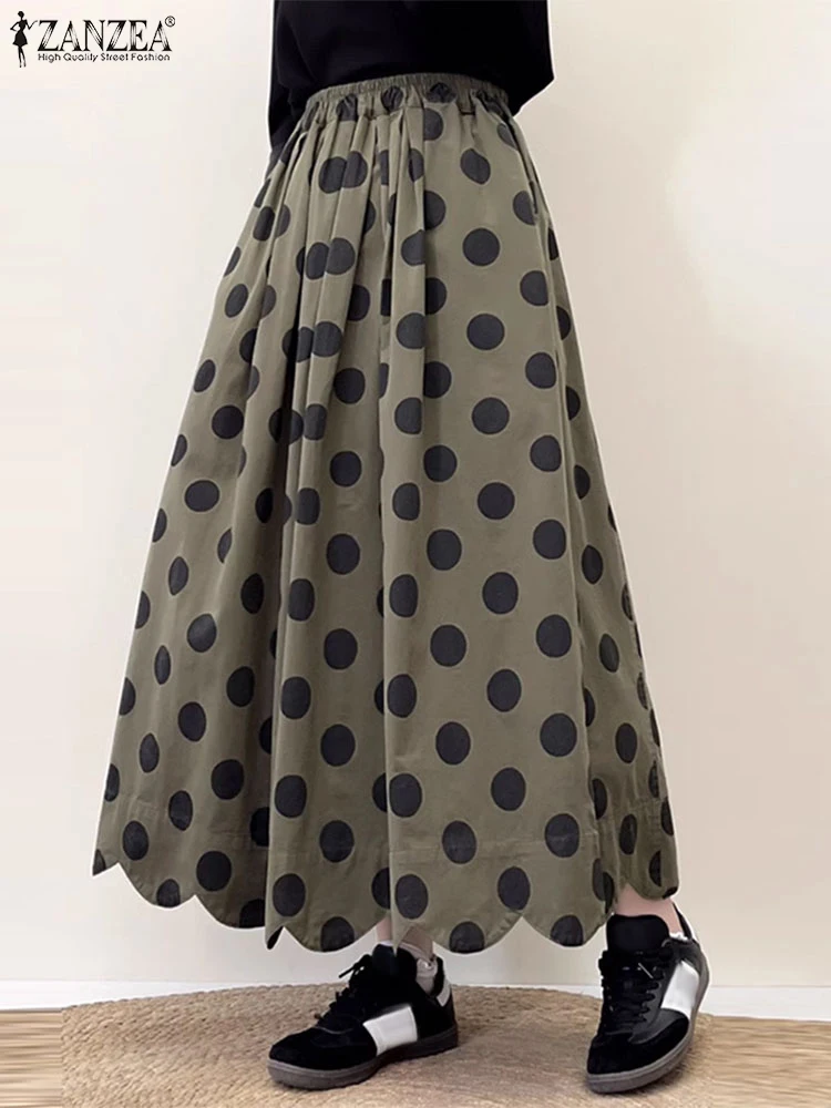 

ZANZEA корейские женские повседневные юбки в горошек с высокой эластичной талией Jupe, винтажные пляжные юбки с волнистым подолом, праздничные карманные юбки Faldas