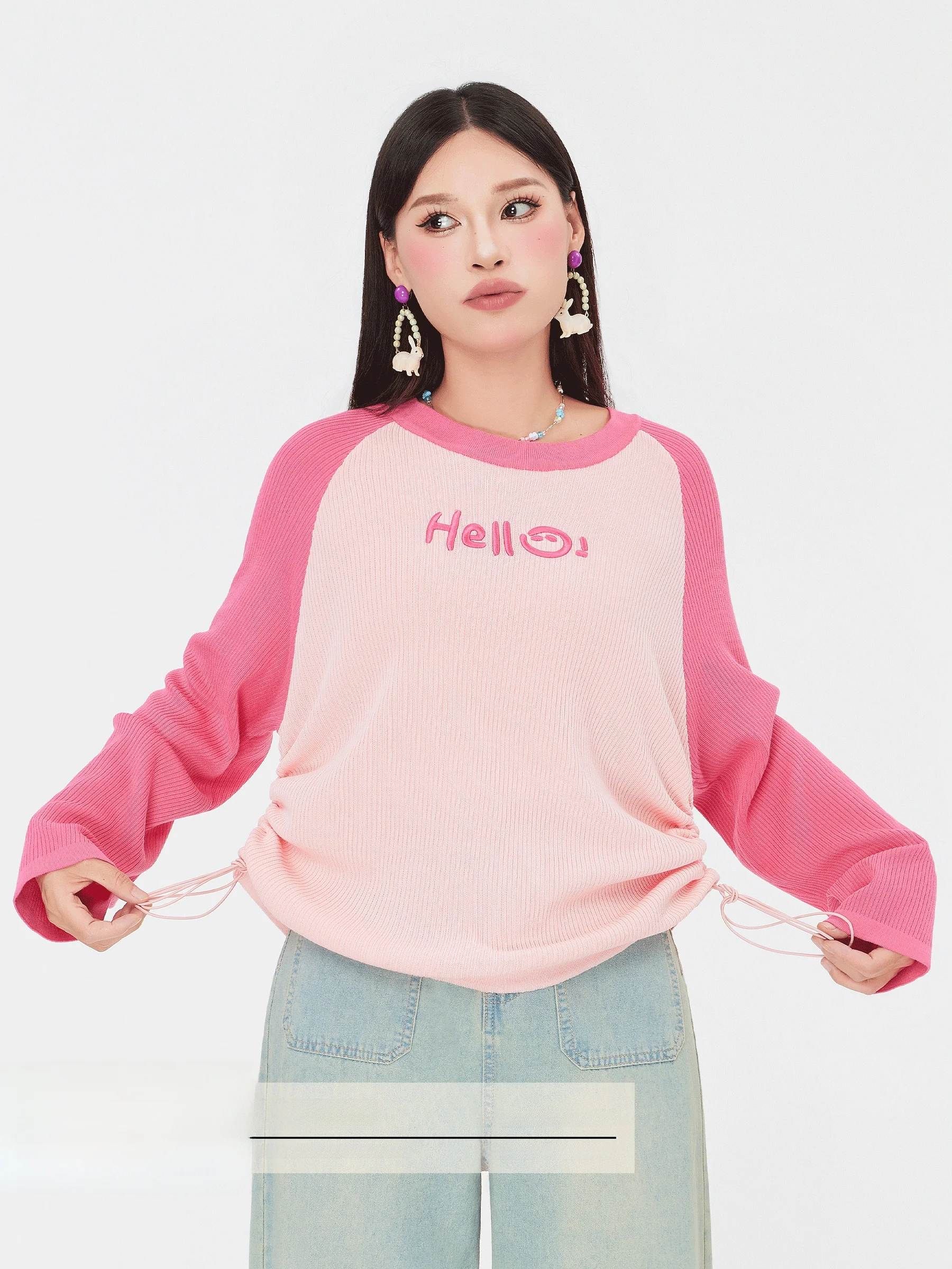 

Early Spring Women's Knitted Top Thin Splice Design Casual Sle plus Size Korean Faion Dstring Ensemble Spring T-irt