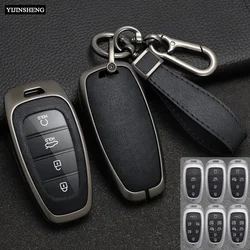 Zinc Alloy + Leather Car Key Case Cover for Hyundai Solaris Sonata Hybrid NEXO NX4 New Grand Santa Fe Tucson 2020 2021 2022 2023