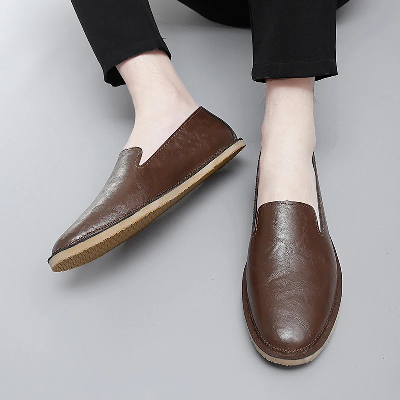 British Style Small Leather Shoes Men Soft Soled Work Boots Handmade Lazy Loafers Trendy Men Bean Shoes Sizes 36-45 Men Shoes