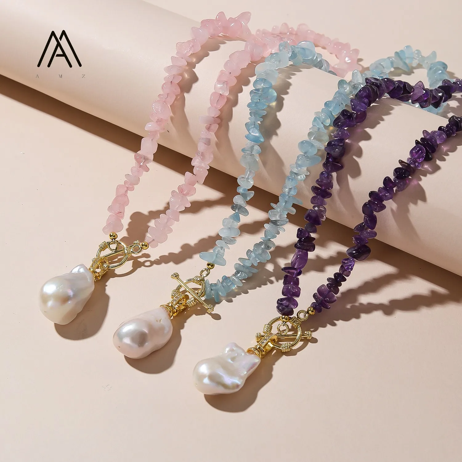 AMZ-ZJ15 Boho Nature Crystal Chip Bead Beaded Necklace with Irregular Baroque Pearl Pendant Turquoise Stone Women's Jewelry Gift